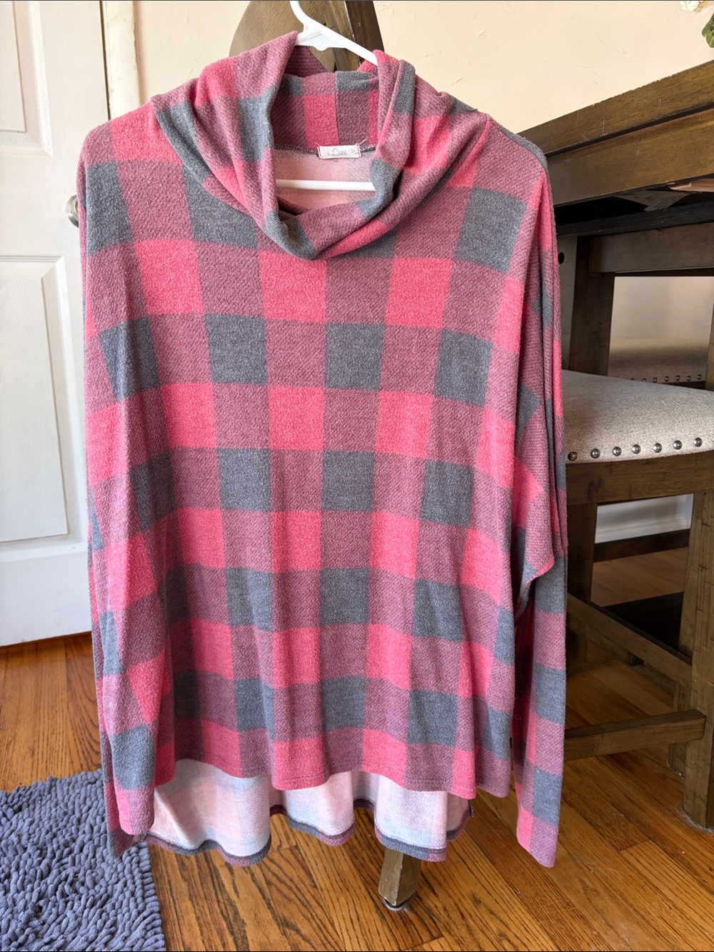 Plaid Cowl Neck Sweater - Pink & Gray